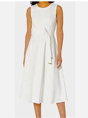 Calvin Klein White Sleeveless Midi Dress with Waist Tie Detail